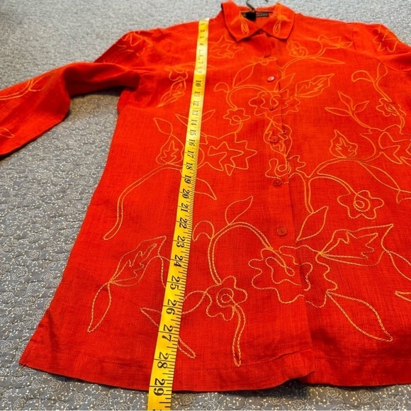 Josephine Chaus Blouse Linen Embroidered Vibrant Orange Shirt Button Up Size 8 - Picture 11 of 13